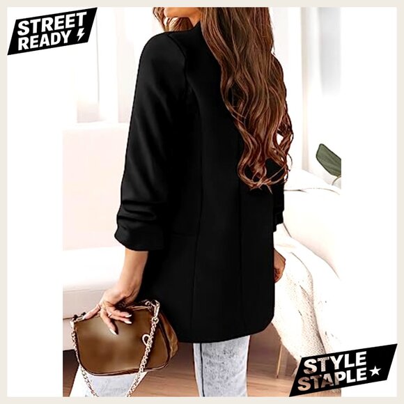 Oversized Blazer Open Front Shawl Collar Business Casual Polyester Jacket - Picture 5 of 7